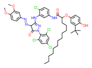 Picture of 2-(3-tert-butyl-4-hydroxyphenoxy)-N-(4-chloro-3-((4-(3,4-dimethoxyphenyl)diazenyl-5-oxo-1-(2,4,6-trichlorophenyl)-4h-pyrazol-3-yl)amino)phenyl)tetradecanamide